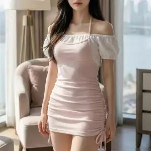 여자 바디콘 셔링 홀터 오프숄더 퍼프 미니원피스