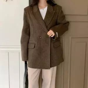 여자 오픈카라 핸드메이드 헤링본 울 자켓