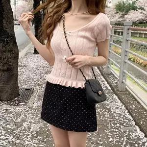 [신상오픈런]|CMTA4EC|여성용 브이넥 크롭 반팔 니트 상의