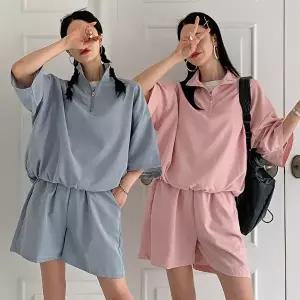 [유야]여성 나일론 무지 반집업 반팔티 반바지 아노락 세트 SPST0391 여름