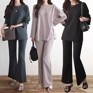 [유야]여성 무지 트임 긴팔 롱티셔츠 부츠컷 밴딩바지 세트 SPST0138 봄 가을