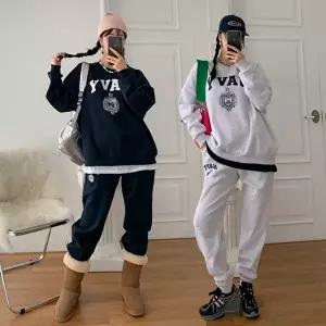 [유야]여성 면 나염 레이어드 맨투맨 조거팬츠 세트 SPST0189 봄 가을