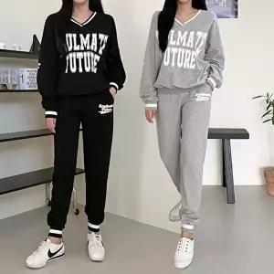 [유야]여성 면 나염 브이넥 맨투맨 조거팬츠 세트 SPST0132 봄 가을