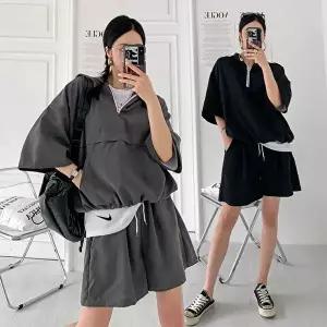 [유야]여성 나일론 무지 후드 반집업 반팔티 반바지 세트 SPST0395 여름