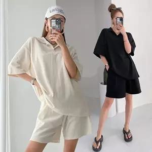 [유야]여성 면 카라 반팔 롱티셔츠 반바지 트레이닝 세트 SPST0083 여름