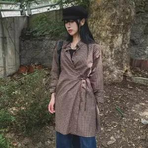 [하프클럽/옷자락]여자 카라넥 올드 빈티지 체크 셔츠 미니 원피스