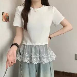 [하프클럽/]라운드넥 반팔티 플레어 시스루 레이스 레이어드st