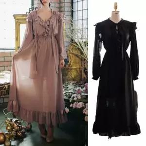 [하프클럽/]CESS 2475 브이넥 프릴 긴팔원피스 여성 앞치마 프릴