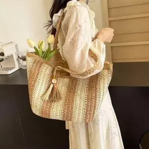 은창)테슬 구슬 컬러배색 라탄 숄더백 비치백 가방