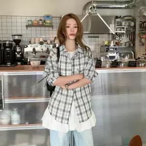 [하프클럽/옷자락]여자 봄여름 간절기 시원한 체크 루즈핏 남방