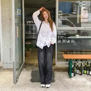 [하프클럽/옷자락]여자 오버핏 시스루 체크 셔츠 여름 데일리 남방