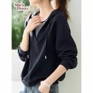 [하프클럽/쉬즈프리티]스트라이프레이어링후드맨투맨