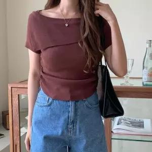 [옷자락]여자 셔링 오프숄더 골지 반팔 니트