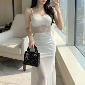 여자 레이스 망사 시스루 셔링 어깨끈 슬림핏 맥시 원피스