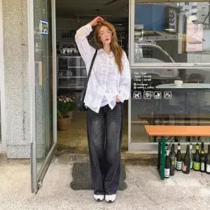 여자 오버핏 시스루 체크 셔츠 여름 데일리 남방