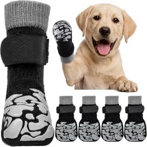 쿠오저 논슬립 개 양말 발 핥기 방지용 4종 뜨거운 포장용 보호대 단단한 나무 바닥 소형 중형 대형견용