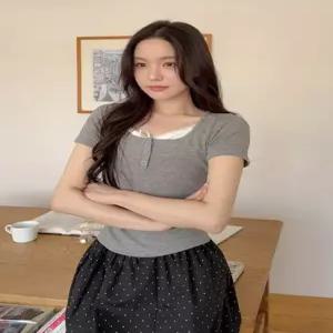 [엘루이즈] 로에하 레이스 이너 레이어드 셔링 버튼 반팔 티셔츠 5color)