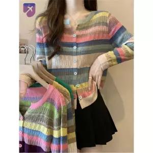 니트 가디건 레인보우 오색 브이넥 가디건니트 무지개 캐주얼 아우어노스텔지아 Blue Cardigan S