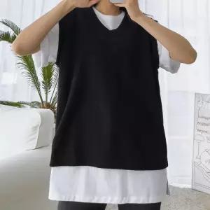 [리빌모아]여자 오버핏 무지 리브드 골지 브이넥 조끼 5CW-VEA-Q119-검정