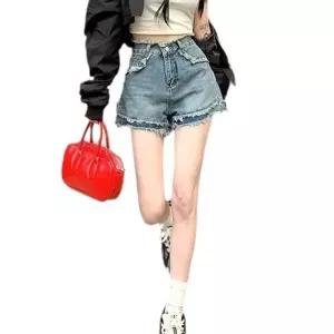 아브릴 여름 청 청반바지 반바지 와이드 핫팬츠 트리밍 퍼 여성데님반바지 UNO2