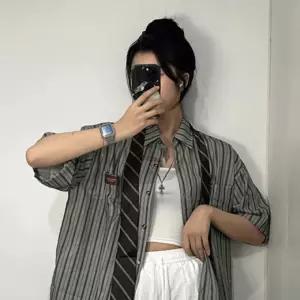 난방 루즈핏 남녀공용 반팔 여름 남방 라벨 단가라 2color 오버핏 타이 세트 스트라이프 + SET 넥타이 셔츠