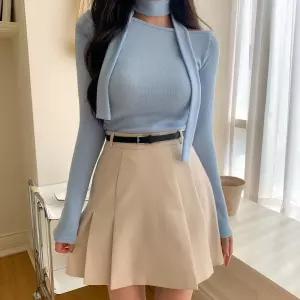 여자 벨트 세트 A라인 플리츠 미니 스커트