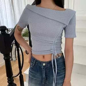 [옷자락]여자 언발 셔링 골지 절개 오프숄더T