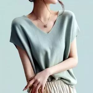 ( )쿨 민트 브이넥 셔츠 여성 반팔 니트 여름 티 반팔 여성 여름 티 니트