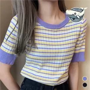 여름 스트라이프 니트 반팔 티셔츠 캐주얼 봄니트 스트라이프니트 브이넥 반팔니트 여름니트 데일리니트