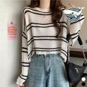 스트라이프 루즈핏 니트 상의 여름 블랙 크롭 긴팔 여름 여성 니트 루즈핏 그물