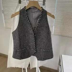 여사친 그레이 빈티지 조끼 더블 실 정장 브이넥 홀터넥 민소매 톱 OP1