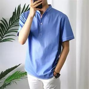 [후앙스]체크배색 스티치 오버핏 데님 헨리넥 반팔남방 SMST0847_P063539974