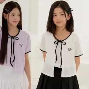 [모데쯔]주니어  10대 여름 지지미 리본 가디건 나시 세트 등교 초등여아