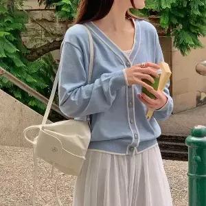 핫핑 모네 브이넥 비스코스 배색 니트가디건