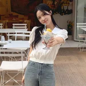 (코튼터치/개미허리핏) 에블리 밴딩 셔링 퍼프 크롭 반팔 블라우스 여름 썸머 bs8166