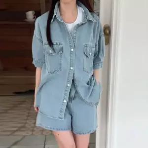 [하프클럽/]여성 오버핏 데님 셔츠 반바지 세트 여름 데일리룩 연청 진청 청