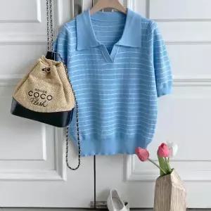 /신상오픈런 스트라이프 반팔니트 시보리 연보라 하늘색