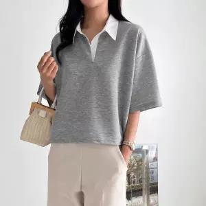 /신상오픈런 여자 크롭 배색 카라반팔티 박스 무지 티셔츠