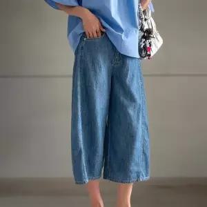 [하프클럽/]여성 7부  데님 와이드 청바지 뒷밴드 절개 디자인
