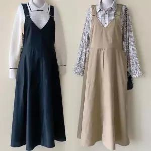 /신상오픈런 여성 브이넥 롱 원피스 멜빵 플레어 디자인