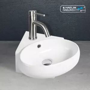 코너형 소형 미니 세면대 RB006 무광 원홀 수전+부속4종/욕실/사각/하부장/세면기/도기/날개형/무타공