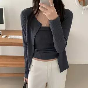 [코코블랑] 셔링 탑 레이어드 골지 가디건