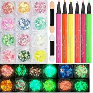 UV 네온 리퀴드 라이너 펜 세트가 포함된 글로우 인 더 다크 글리터 젤 페이스 페인팅 메이크업 키트