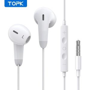 TOPK 유선 이어폰 인이어 헤드셋, 마이크 포함, 스테레오 베이스 사운드, 3.5mm 잭 이어버드 이어피스, 아