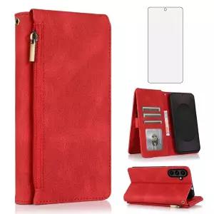 Asuwish 삼성 갤럭시 S25 FE 5G 지갑 케이스 강화 유리 액정보호필름 및 지퍼 레트로 가죽 플립 커버 카드