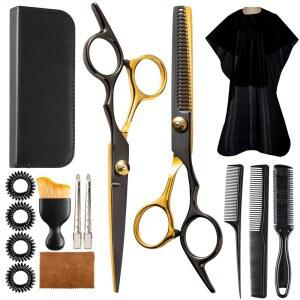 [미국배송] 15개 헤어 커팅 가위 전문가 커팅용 얇은 가위 블랙 골드 스테인리스 스틸 이발 여성용 롱노이프 헤어컷 키트 남성용