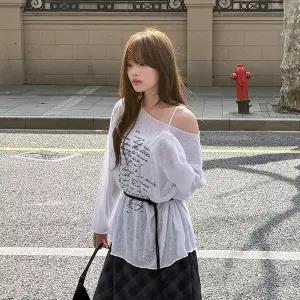 [빅사이즈]이블렛 파레프 레터링 시스루 오프숄더 티셔츠 제이스타일