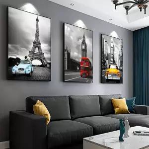 캔버스 포스터 3세트 타워 스포츠카 빨간색 버스 흑백 도시 풍경 아름다운 집 장식 친구를 위한 선물