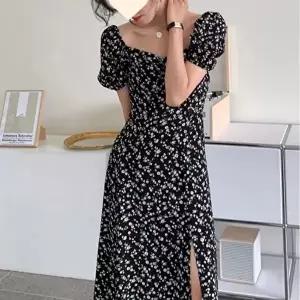 여자 여름 스퀘어넥 퍼프 소매 셔링 플라워 롱 원피스 (HSJ-WEBF700)