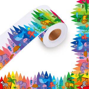 WIRESTER 65피트 게시판 테두리 장식 스티커, 벽, 책상, 창문, 문, 칠판, 화이트보드, 가정, 교실, 사무실용 다이컷 롤 테두리 장식 - 크레용 드로잉 동물